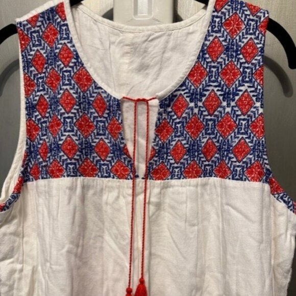 Boho Red, White & Blue Embroidery Sleeveless Linen Peasant Shift Mini dress - Picture 6 of 16